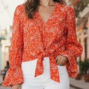 Orange White‎ Eyelet Embroidered Tie Front Blouse Bell Sleeve Women L Boho Fairy